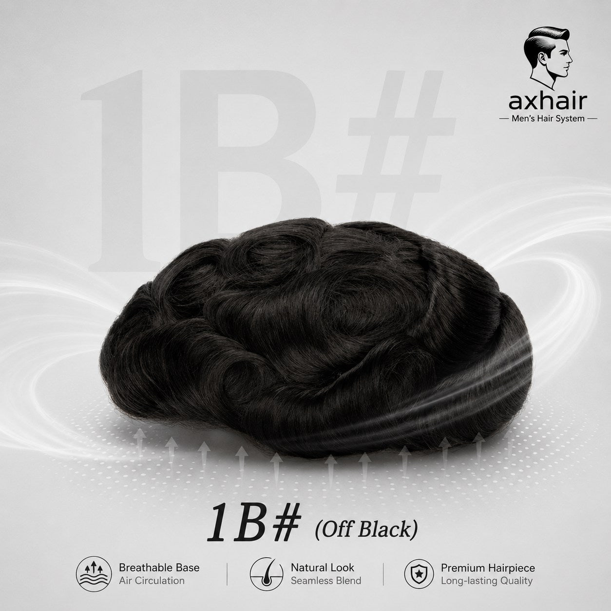 Full toupee with wavy off-black hair, 1B, rounded top